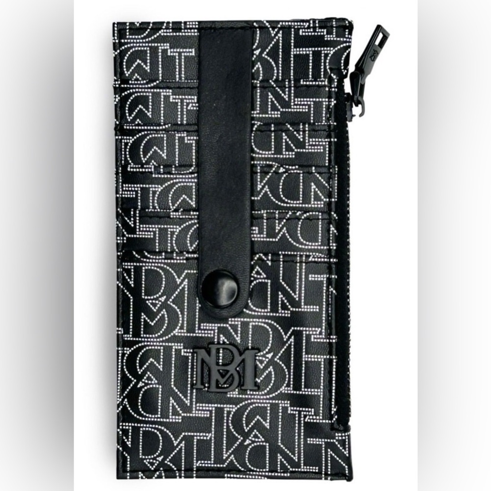 Badgley Mischka NWT Black Logo Credit Card Holder Wallet Zip Tab Vegan Leather